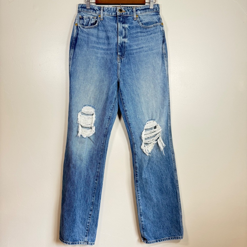 Khaite Danielle Distressed High Rise Straight Leg Jeans Size 30 Light Blue